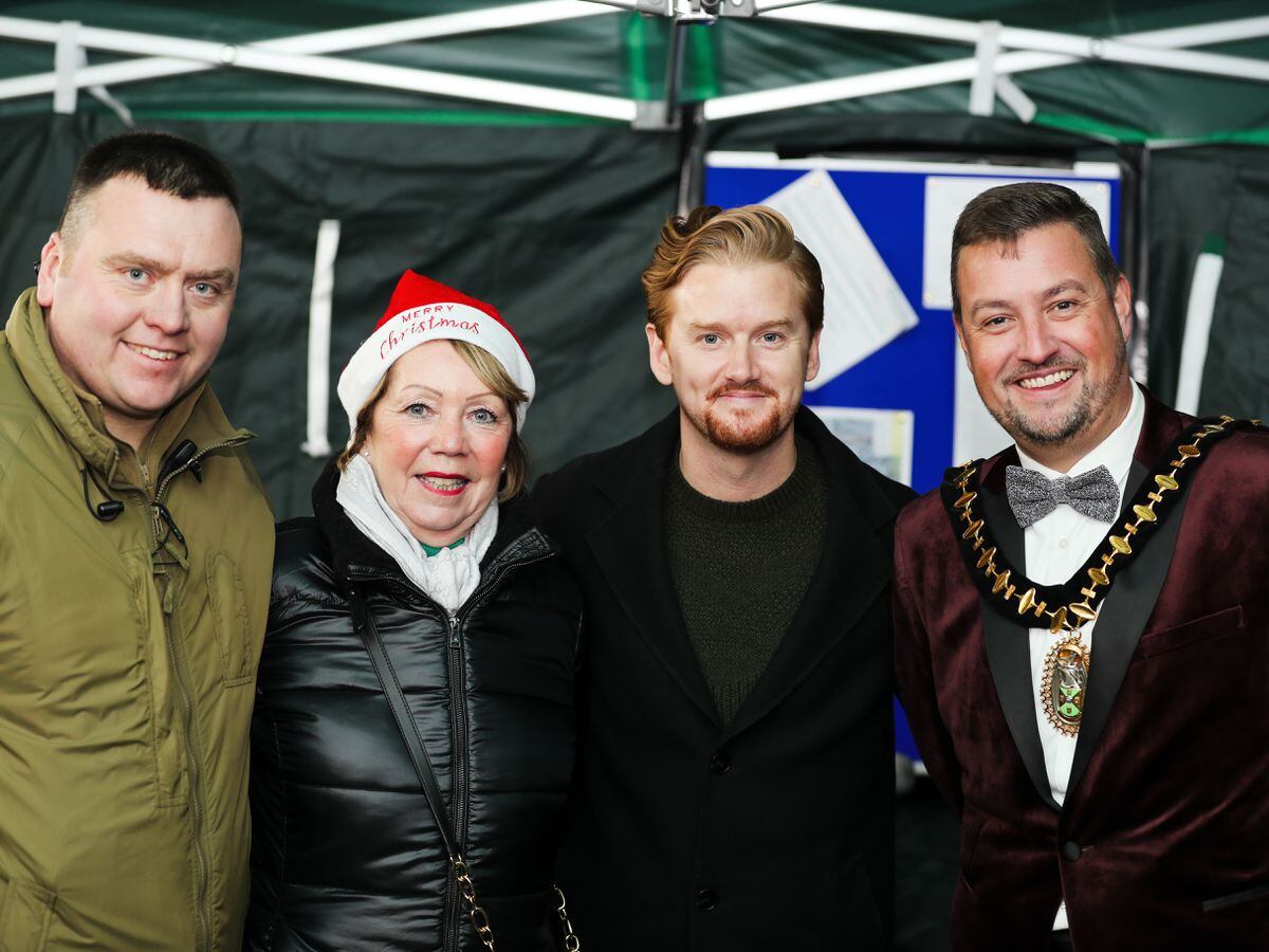 Mikey North poses with Councillor Luke Giles, Sandwell councillor Elaine Costigan and Mayor of Sandwell Richard Jones ahead of the switch-on