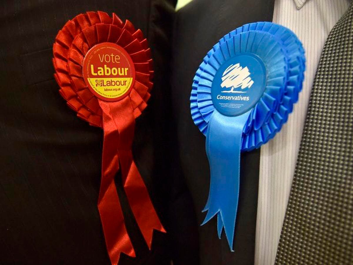 Labour and Conservative Party rosettes (Hannah McKay/PA)