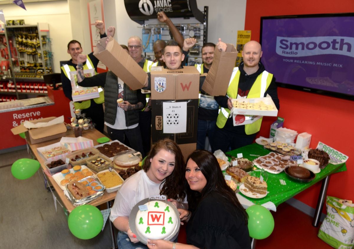 Britany Love, front left, and Clare Goodwin, pictured, with fellow staff at Wolseley, Doranda Way, Doranda Way Industrial Park, West Bromwich as they hold a Macmillan Coffee. Jason, pictured right
