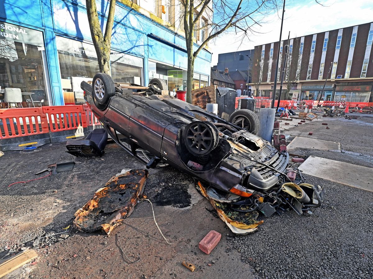 The aftermath of a riot scene for BBC's This Town. Skinner Street, Wolverhampton, is transformed for the series.