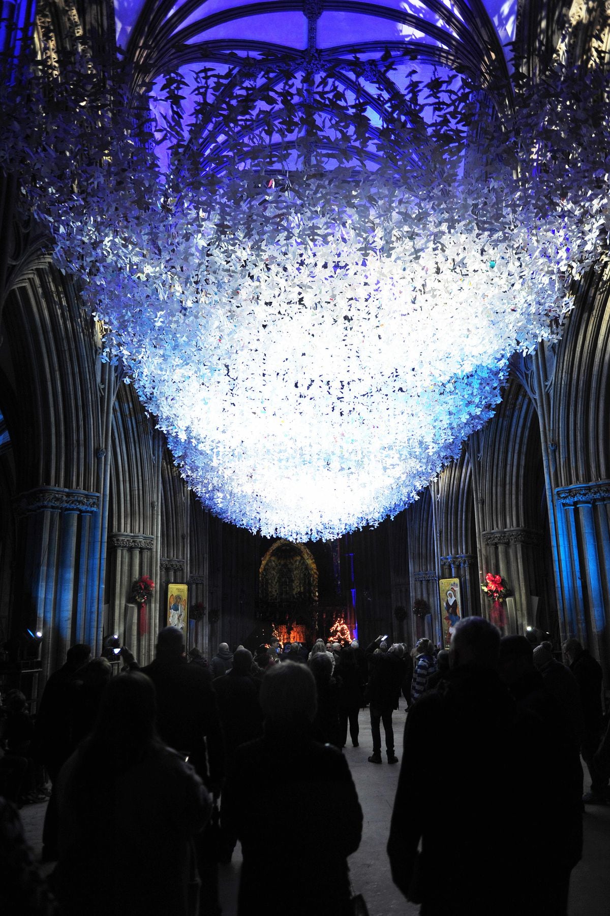 Lichfield Cathedral 70000 paper doves are illuminated during its 'Peace on Earth' light display created by resident artist, Peter Walker, and composer, David Harper, working in collaboration as Luxmuralis in Lichfield