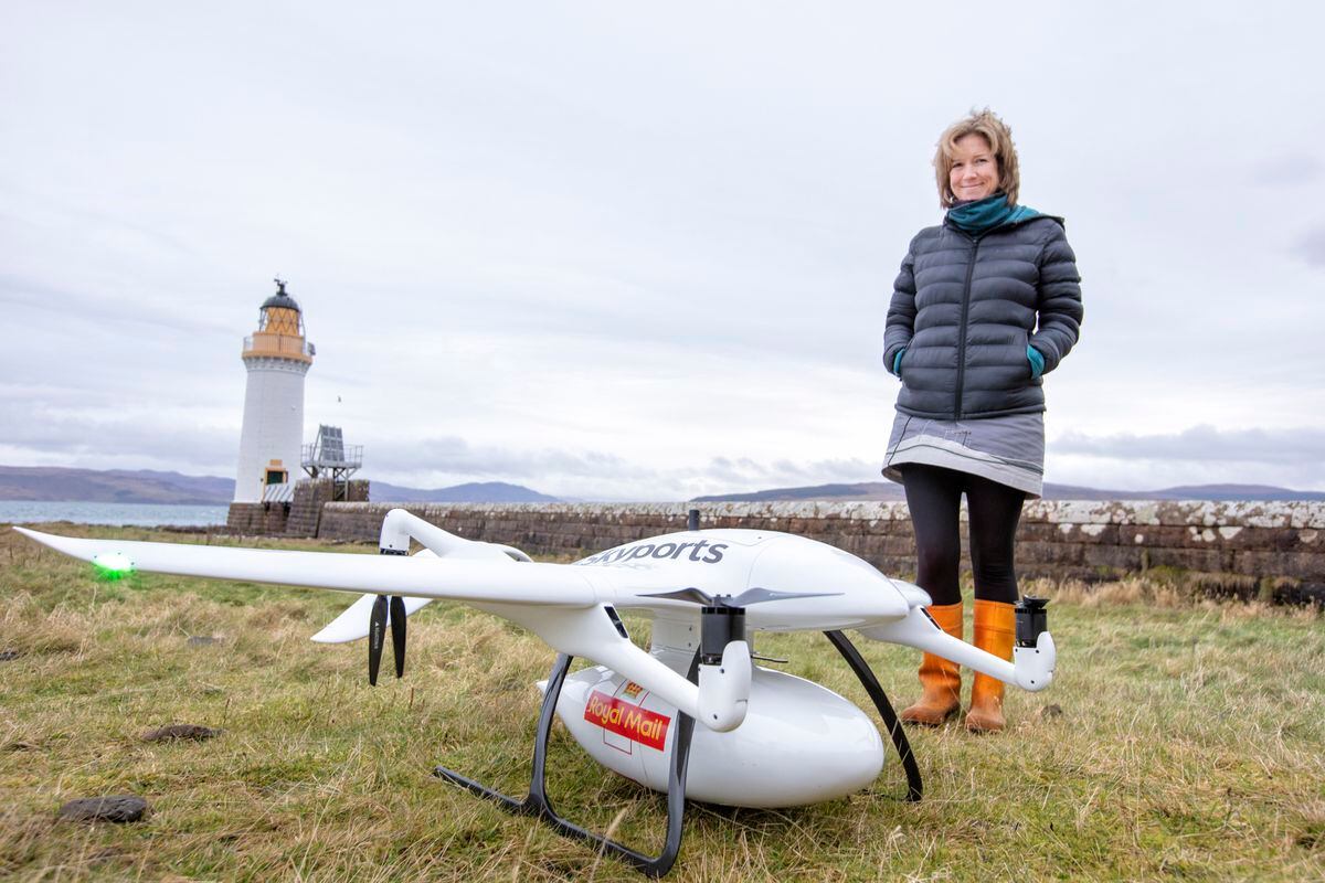 Isle of Mull lighthouse keeper Alex Kershaw with the Royal Mail Skyports drone. Picture: Chris Gorman/Royal Mail