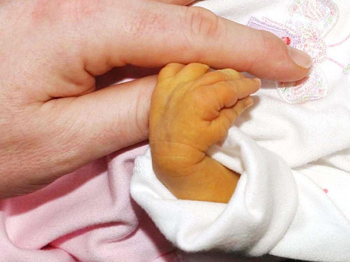 A newborn holding an adult's hand