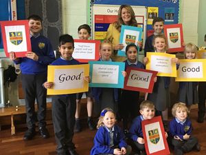Wolverley Sebright Primary Academy headteacher Shelley Reeves-Walters and pupils celebrating Ofsted success