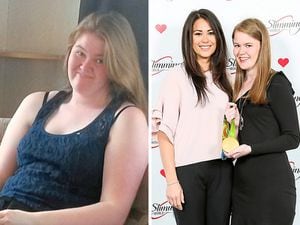 Emily Hughes before she lost the weight and after, with Sam Quek