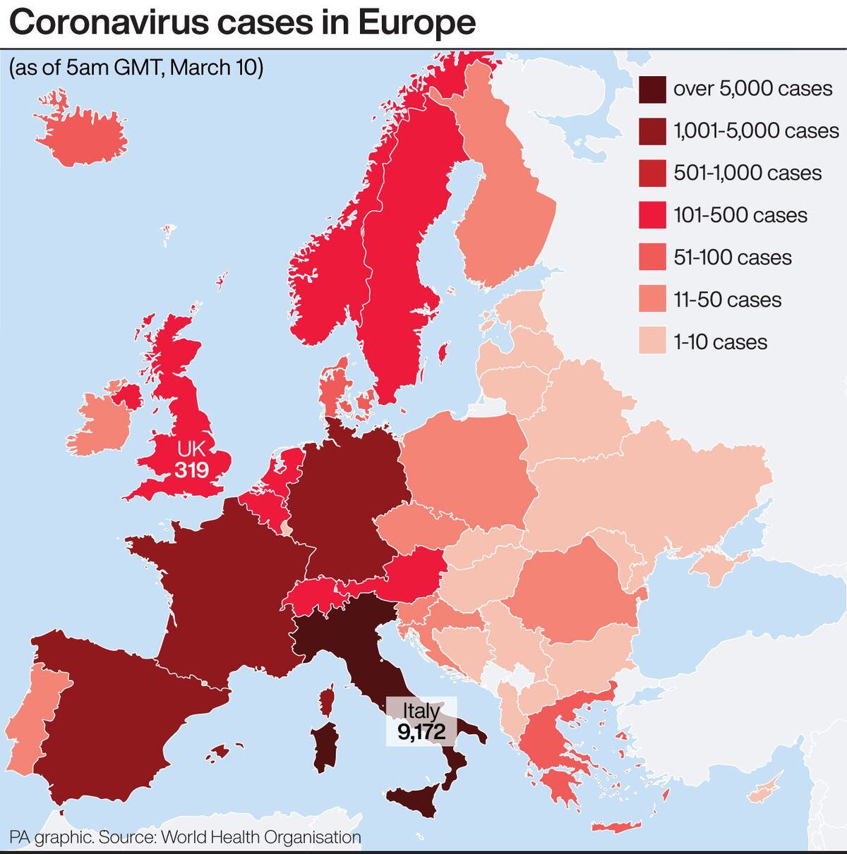 Coronavirus cases in Europe (PA Graphics)