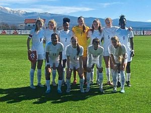 Milly Round, from Cannock, (front row, far right) who scored for England Under-17s           Picture: Lionesses/Twitter 