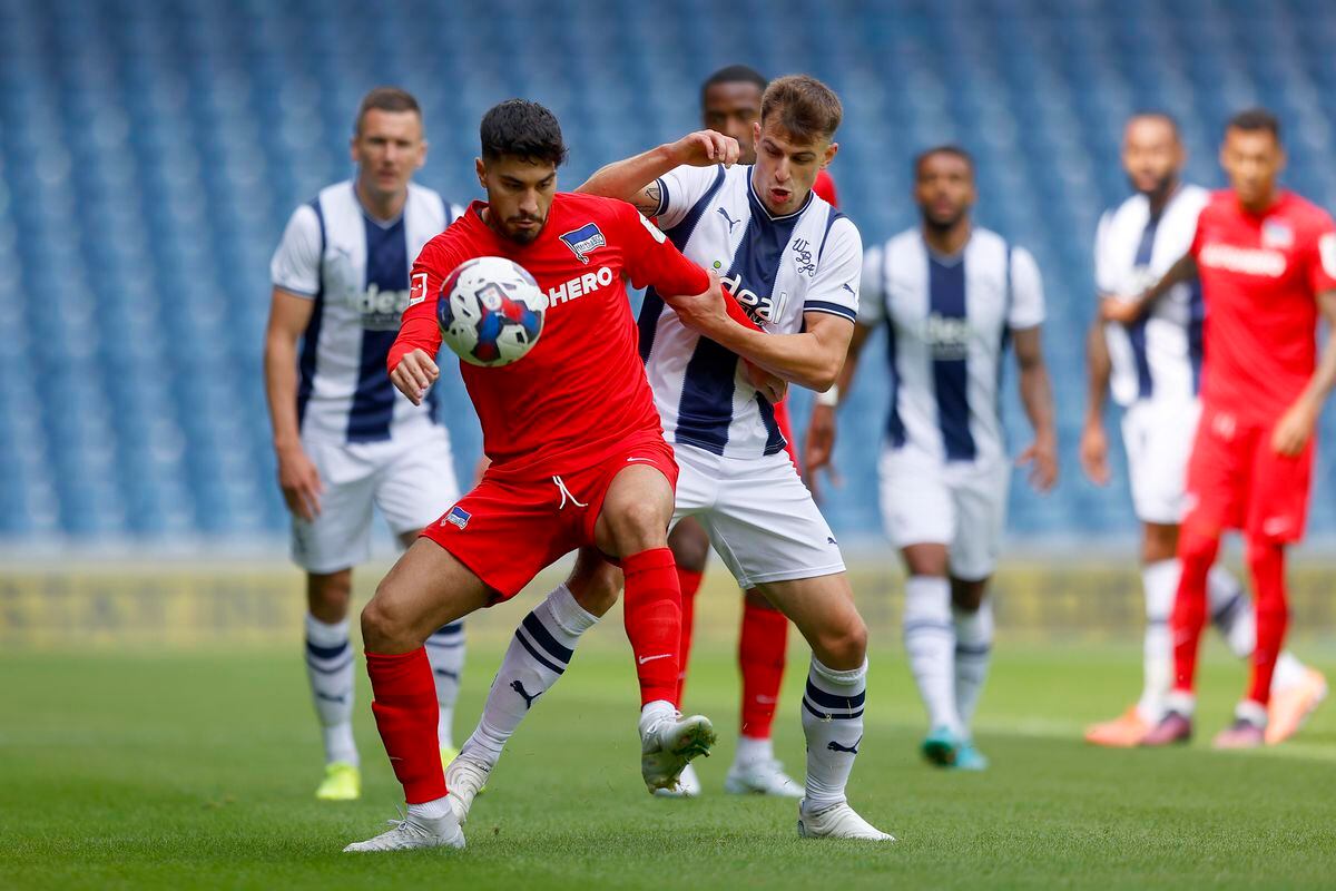 Jayson Molumby of West Bromwich Albion competes with Suat Serdar of Hertha Berlinduring the Pre-Season Friendly between West Bromwich Albion and Hertha Berlin at The Hawthorns on July 23, 2022 in West Bromwich, England. (Photo by Malcolm Couzens - WBA/West Bromwich Albion FC via Getty Images).