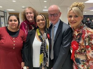 Celebrating victory in the East Park by-election are Saba Aftab, Councillor Anwen Muston, winning candidate Lovinyer Daley, Wolverhampton South East MP Pat McFadden and Councillor Beverley Momenabadi 
