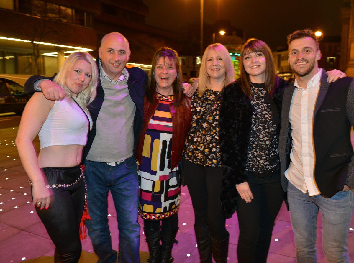 WOLVERHAMPTON MAGAZINE ( JOHN SAMBROOKS ) 25/11/16  Pictured L-R: Kelly Bretherton, Anthony Holl, Rebecca Holl, Sandra Taylor, Nicola Gregg and Craig Gregg at the one night only Cheeky Monkey event at the Wolves Civic, North Street, Wolverhampton.                                                                                                   .              .                               .