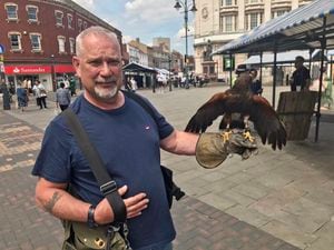Graham Lees, of Lichfield Falconry, with Taffy the Harris Hawk
