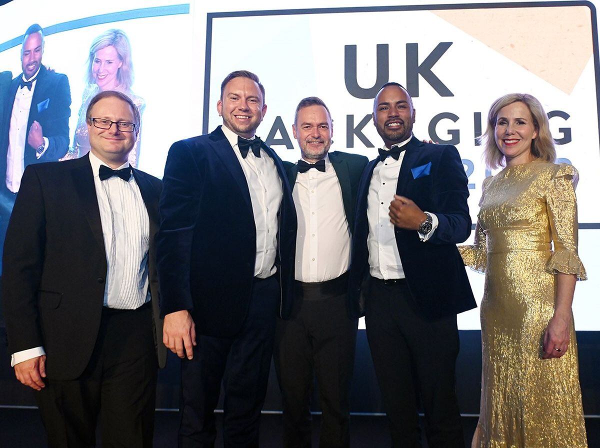 Phil Chadwick (Packaging News), Billy Hutchinson, Steve Trow and Reiss Newport (all Lesters) with host Sally Phillips