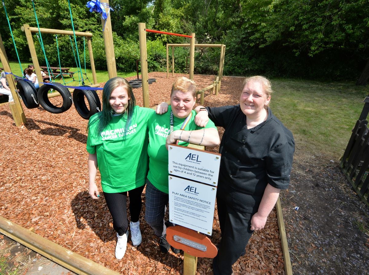 With a plaque in memory of Ciaran Leigh Morris, at a new play area, (left-right) assistant managers Jessica Marston, and Claire Clement, with general manager Tracey Perry, at The Hussey Arms, Brownhills.