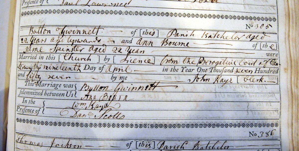 The record of Button Gwinnett's signature, in the book of marriages at St Peter's Church, Wolverhampton