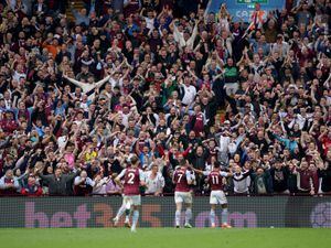 Aston Villa's Ollie Watkins (right) celebrates in front of the fans after scoring their side's first goal of the game during the Premier League match at Villa Park, Birmingham. Picture date: Sunday May 15, 2022. PA Photo. See PA story SOCCER Villa. Photo credit should read: Zac Goodwin/PA Wire...RESTRICTIONS: EDITORIAL USE ONLY No use with unauthorised audio, video, data, fixture lists, club/league logos or "live" services. Online in-match use limited to 120 images, no video emulation. No use in betting, games or single club/league/player publications..