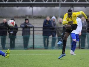 Yusifu Ceesay (SK) fires the visitors best chance over the bar midway through the second half - Coleshill Town v Sporting Khalsa in a Buildbase FA Vase Quarter Final match at Pack Meadow on Saturday 18th February 2017 (c) Garry Griffiths | ThreeFiveThree Photography.