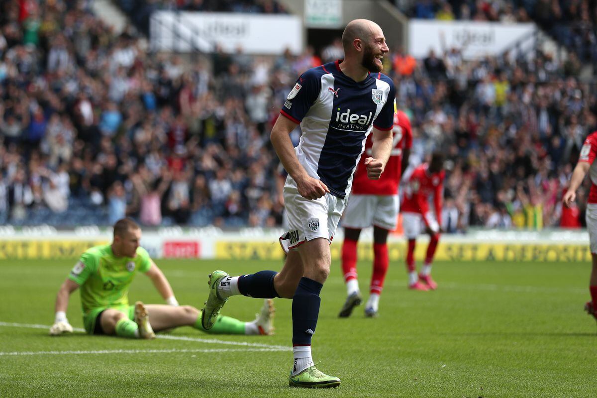 Matt Clarke of West Bromwich Albion celebrates after scoring a goal to make it during the Sky Bet Championship match between West Bromwich Albion and Barnsley at The Hawthorns on May 7, 2022 in West Bromwich, England. (Photo by Adam Fradgley/West Bromwich Albion FC via Getty Images).
