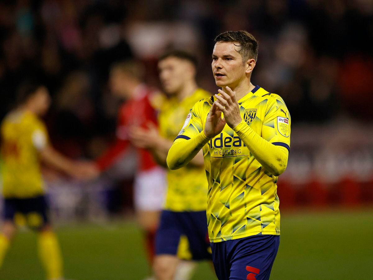 Conor Townsend of West Bromwich Albion applauds the travelling support following the Sky Bet Championship match between Nottingham Forest and West Bromwich Albion at City Ground on April 18, 2022 in Nottingham, England. (Photo by Malcolm Couzens - WBA/West Bromwich Albion FC via Getty Images).