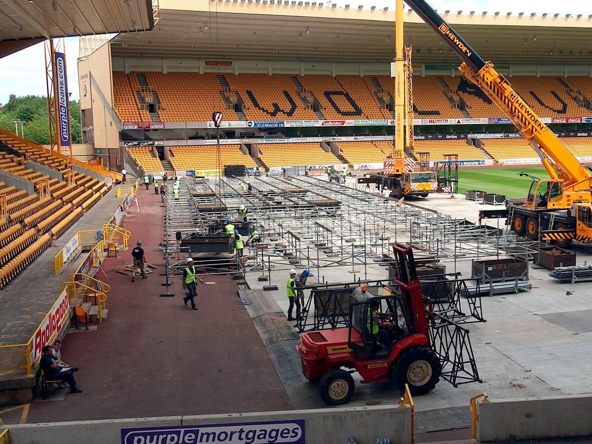 The stage for the Bon Jovi concert is constructed at Molineux
