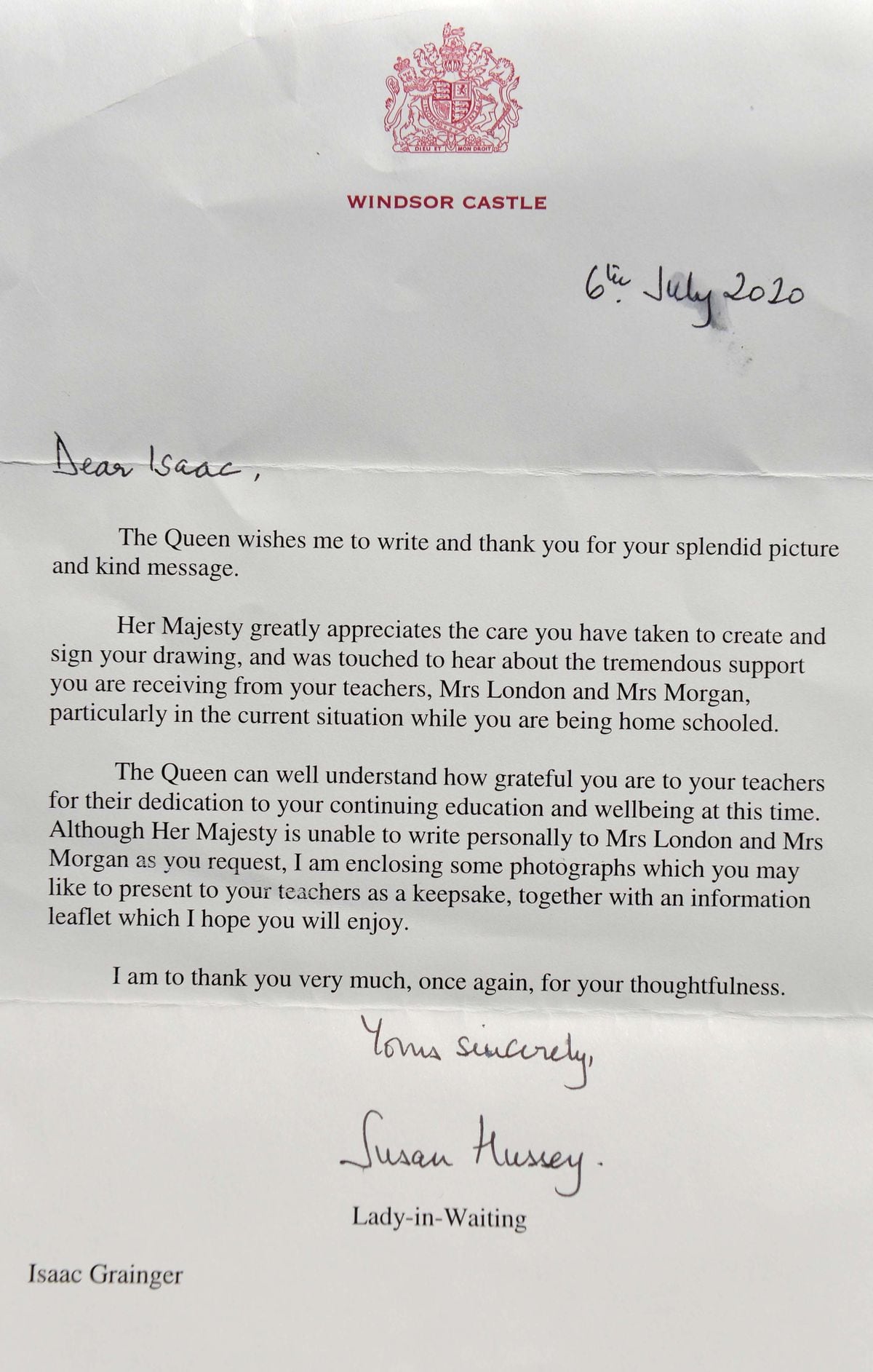Isaac wrote to the queen about his teachers and the Lady in Waiting replied