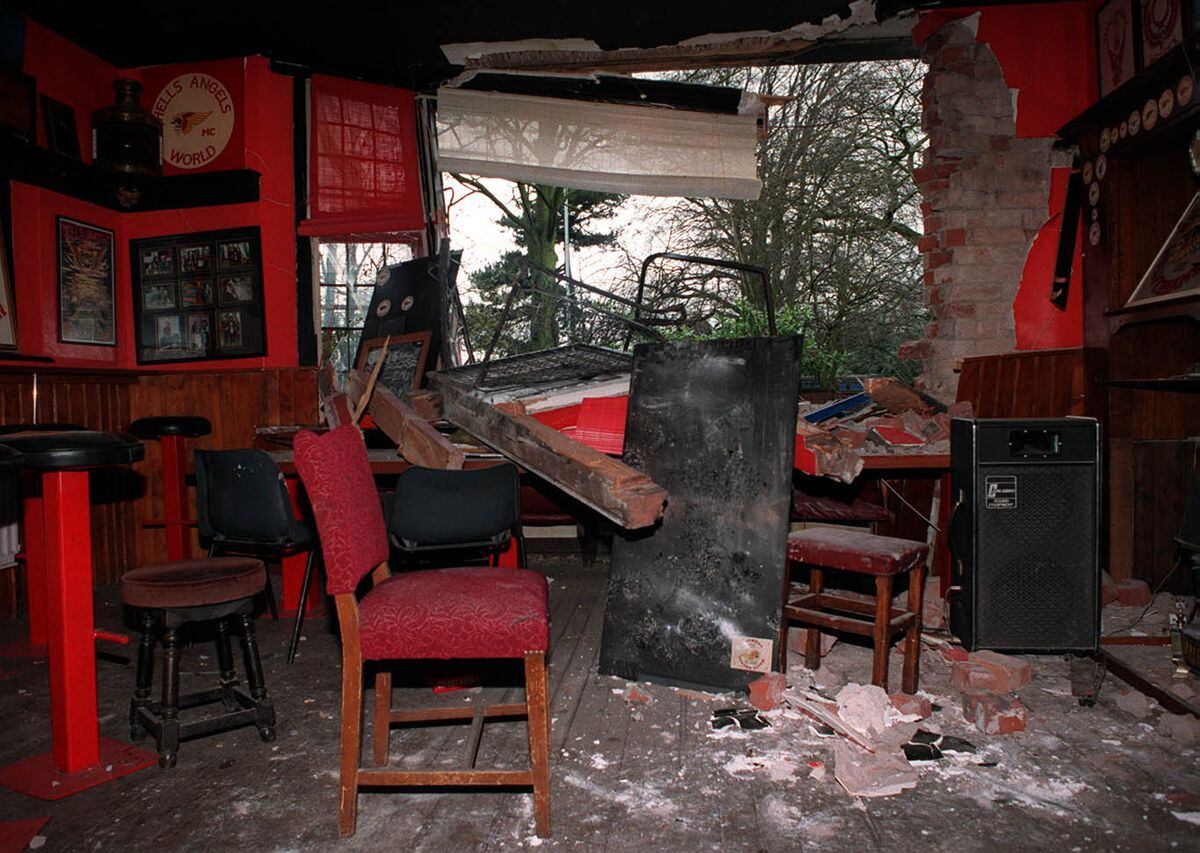 The interior of the Hells Angels clubhouse in Penn Road, which was extensively damaged when police drove a JCB into the building during a raid.