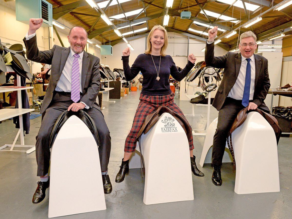 WALSALL COPYRIGHT EXPRESS&STAR TIM THURSFIELD 08/02/19
Chief Secretary to the Treasury, Liz Truss, joins MP's Eddie Hughes and Julian Knight as they try out the saddles at Fairfax Saddles in Bloxwich to champion local businesses.