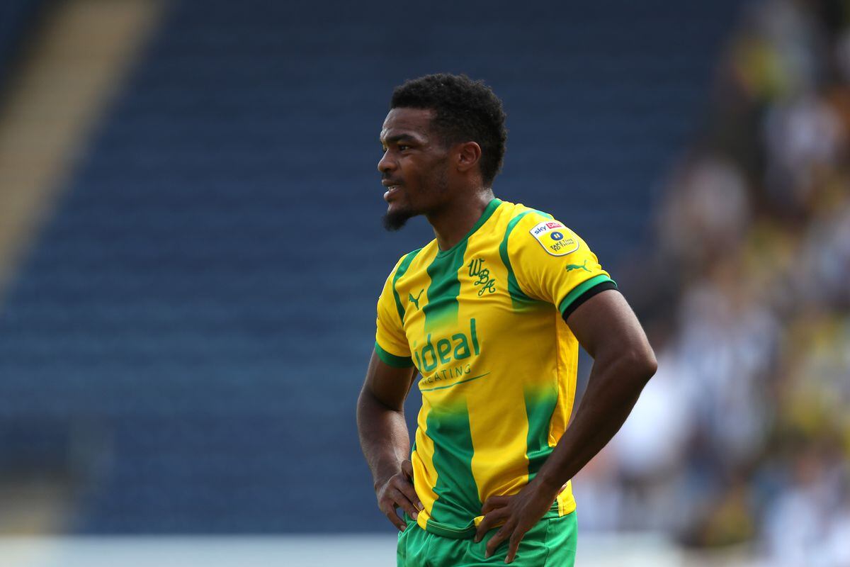 Grady Diangana of West Bromwich Albion reacts after his free kick goes narrowly over the bar during the Sky Bet Championship between Blackburn Rovers and West Bromwich Albion at Ewood Park on August 14, 2022 in Blackburn, United Kingdom. (Photo by Adam Fradgley/West Bromwich Albion FC via Getty Images).
