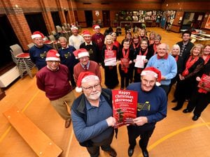 FEATURES COPYRIGHT MNA MEDIA TIM THURSFIELD 25/11/21 .Pics for Weekend feature on Brewood Singers, who meet at St Dominic's School, Brewood. Pictured front are John Burns and Donald Charnell with fellow members...