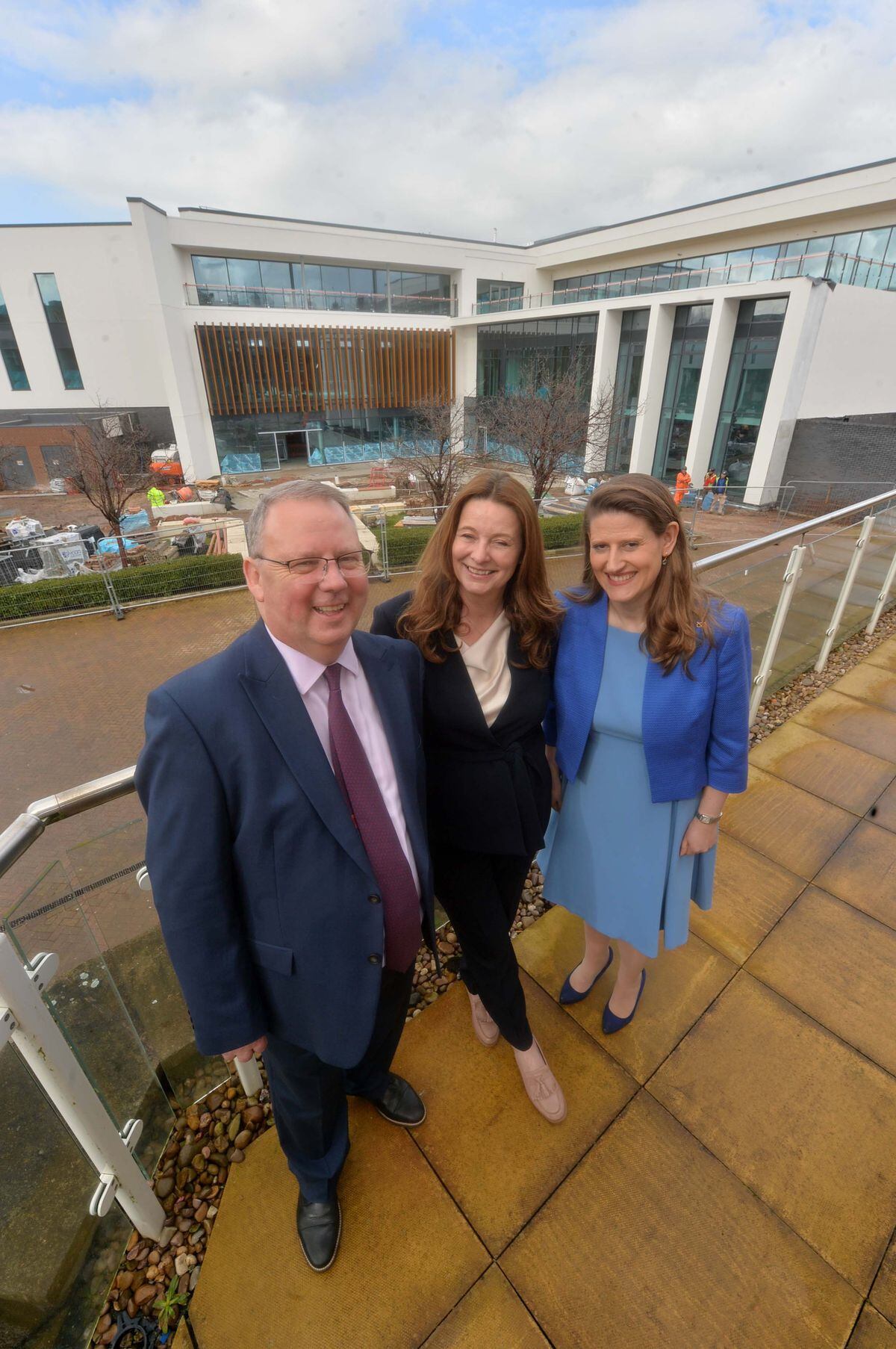 Pic at Stafford College where MP Theo Clarke (in light blue), Education Secretary: Gillian Keegan and Principal Craig Hodgson, were chatting to students and look around the new building