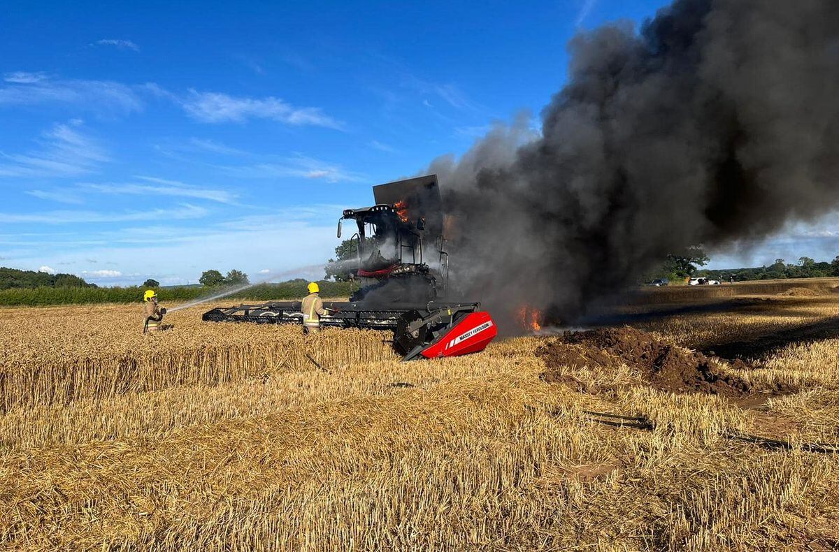 The combine harvester on fire near Peknridge. Photo: Rising Brook Community Fire Station