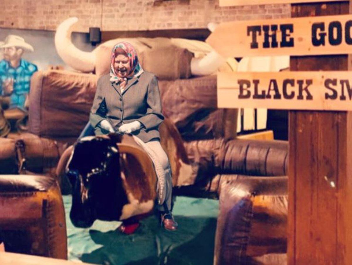 The actress dressed as the Queen takes a ride on the bucking bronco