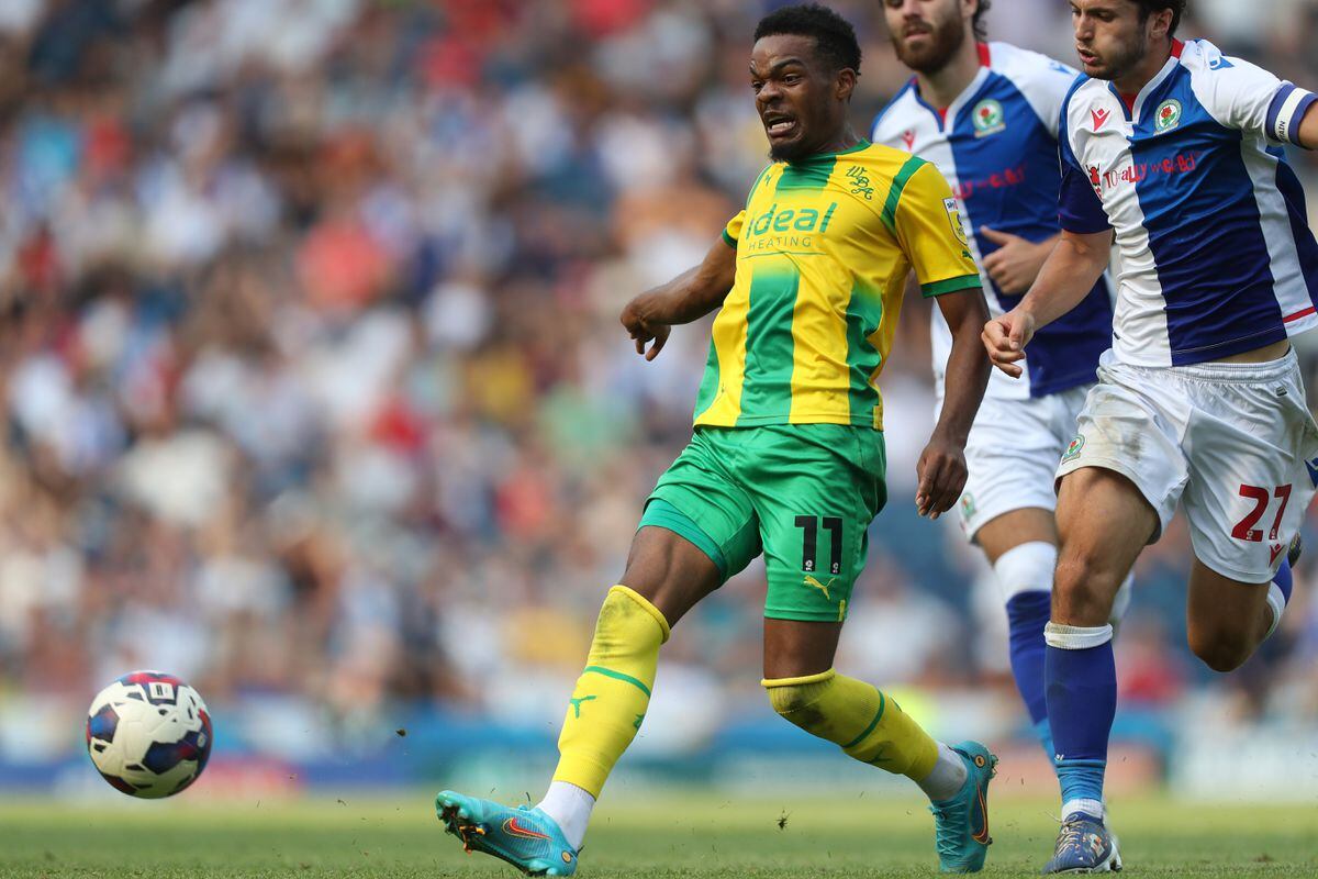 Grady Diangana of West Bromwich Albion shoots during the Sky Bet Championship between Blackburn Rovers and West Bromwich Albion at Ewood Park on August 14, 2022 in Blackburn, United Kingdom. (Photo by Adam Fradgley/West Bromwich Albion FC via Getty Images).