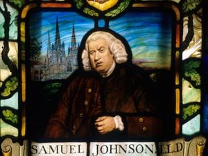 A stained glass portrait of English writer Samuel Johnson