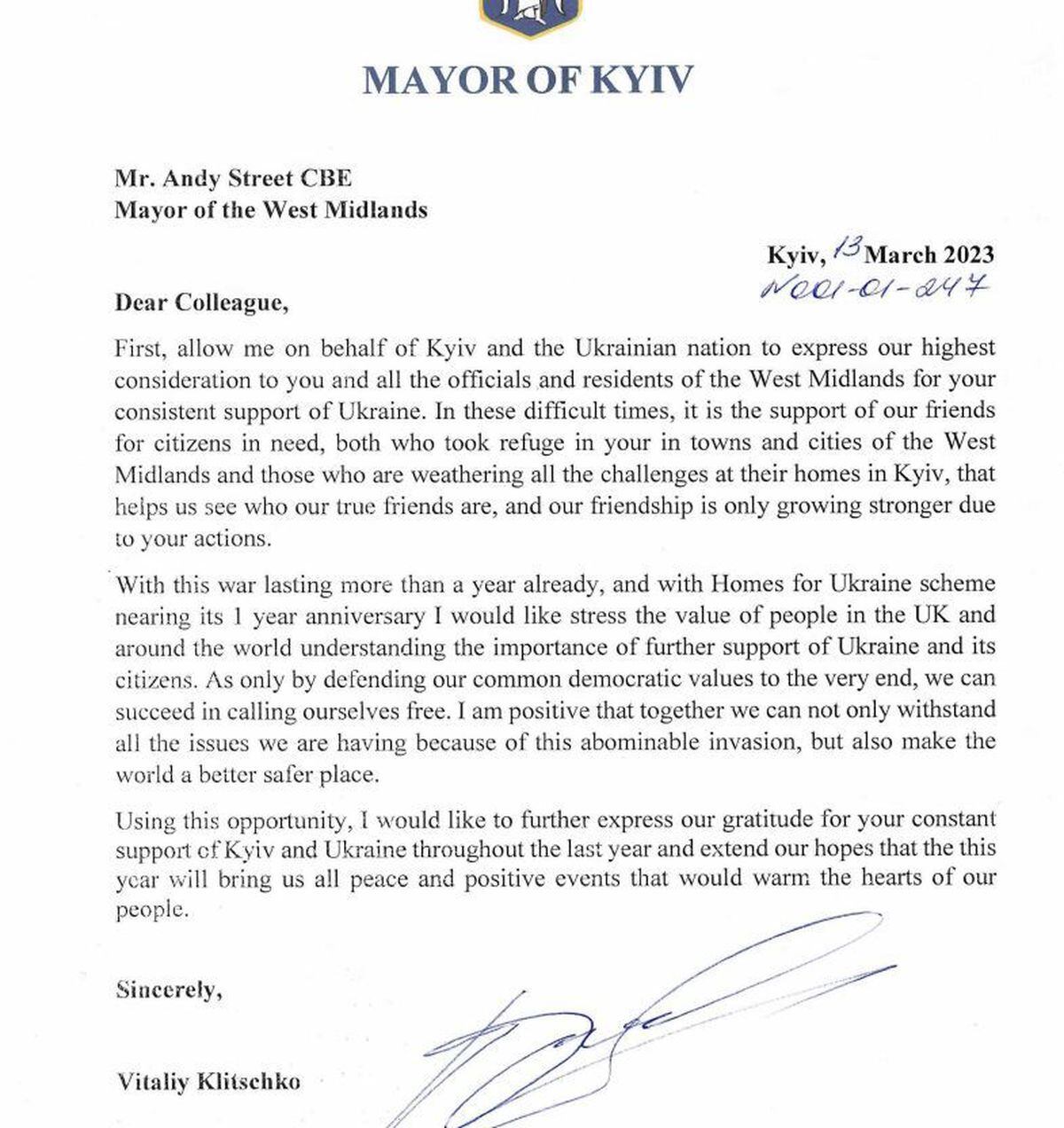 The letter from Vitali Klitschko