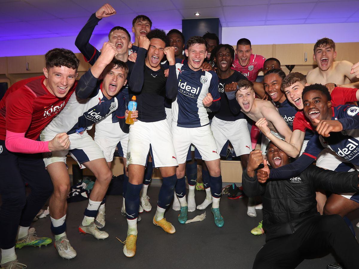 WEST BROMWICH, ENGLAND - MAY 03: West Bromwich Albion players celebrate the semi final victory over Fulham 2-1 in the dressing room after the Premier League Cup / PL Cup at The Hawthorns on May 3, 2022 in West Bromwich, England. (Photo by Adam Fradgley/West Bromwich Albion FC via Getty Images)...