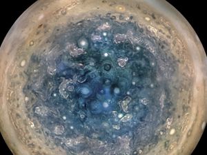 This image made available by NASA and made from data captured by the Juno spacecraft shows Jupiter's south pole. Photo: NASA/JPL-Caltech/SwRI/MSSS/Betsy Asher Hall/Gervasio Robles via AP