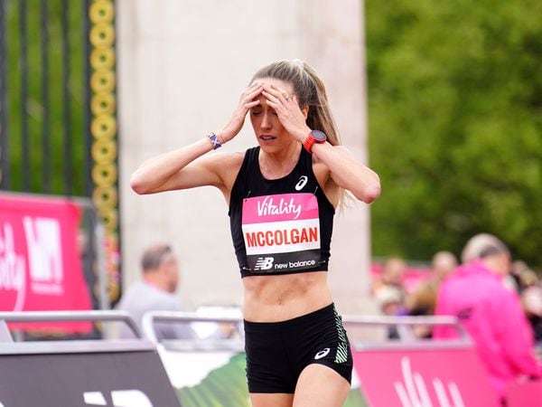 Eilish McColgan reacts after crossing the line to win the women’s race but failing to break the British record during the Vitality London 10,000 road race.