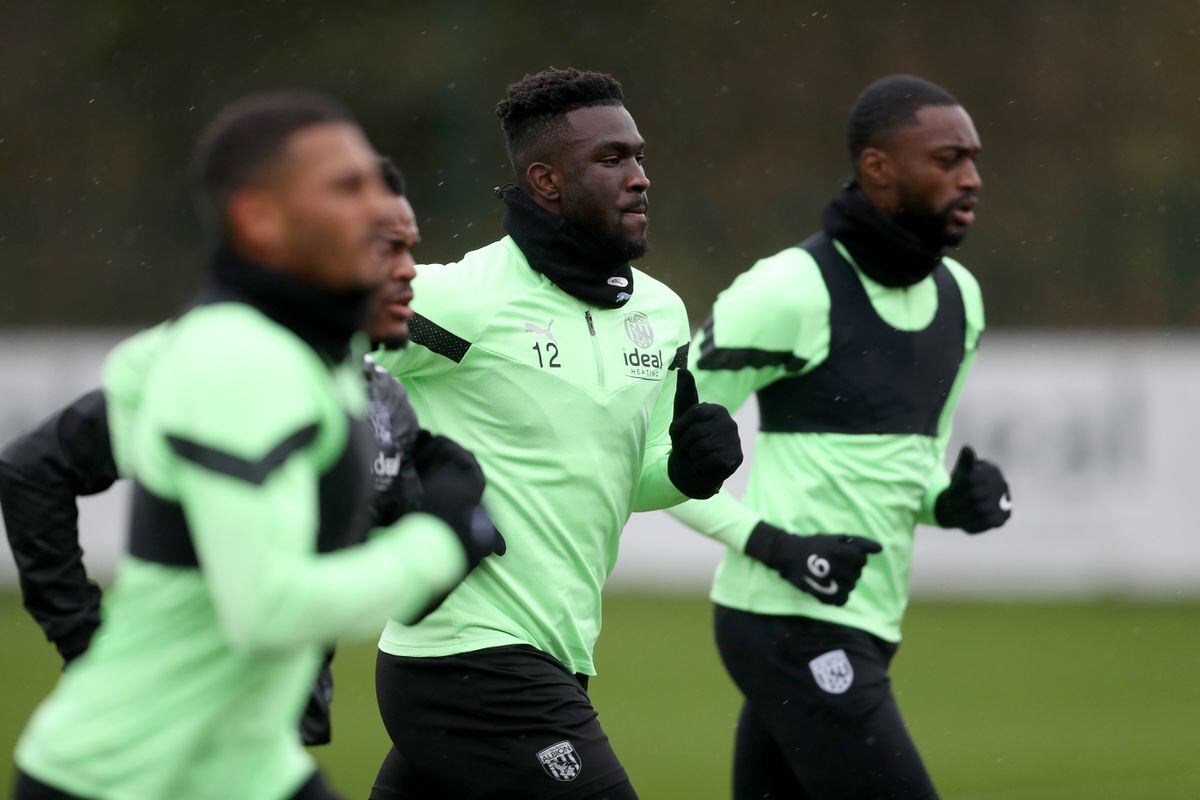 Daryl Dike of West Bromwich Albion and Semi Ajayi of West Bromwich Albion at West Bromwich Albion Training Ground on November 21, 2022 in Walsall, England. (Photo by Adam Fradgley/West Bromwich Albion FC via Getty Images).