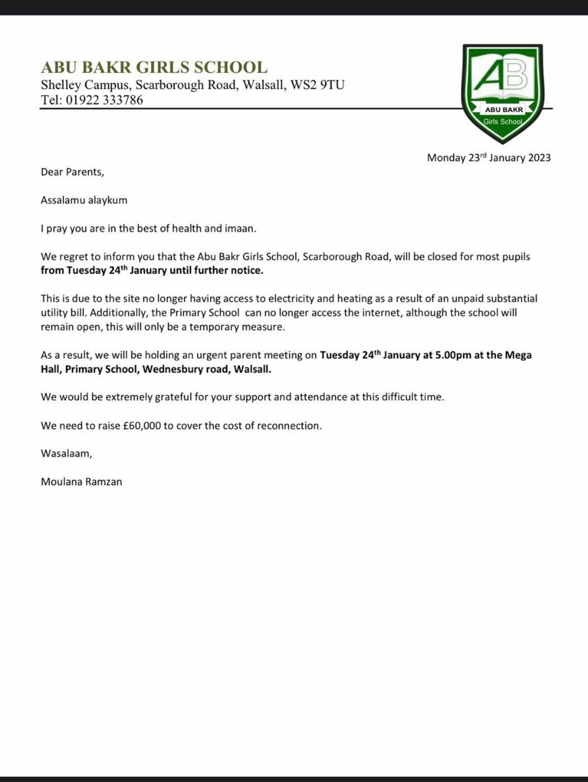 Letter from Abu Bakr School addressed to parents 