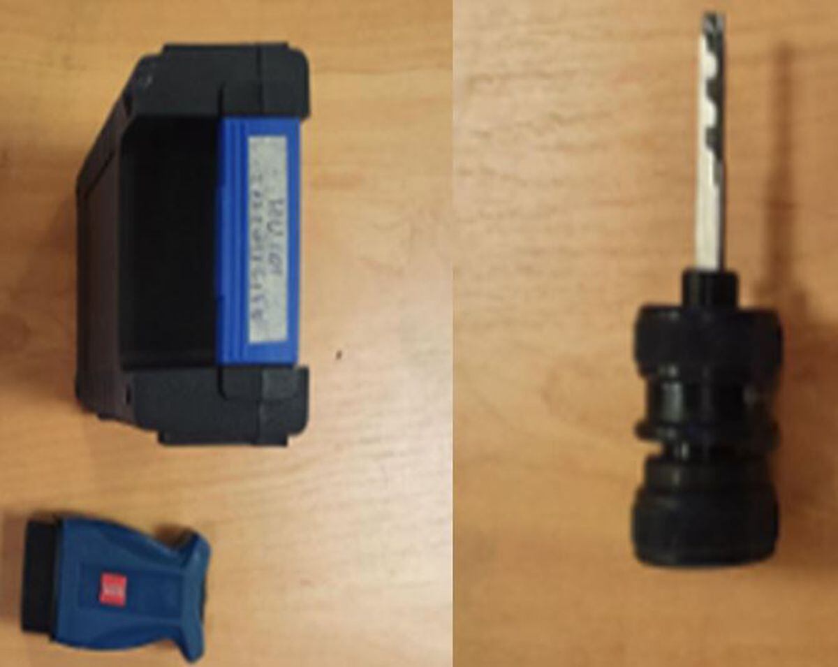 Police recovered transmitter devices, blank Ford keys, and specialist auto locksmith tools, including a turbo decoder to defeat car door locks and reprogramming devices.