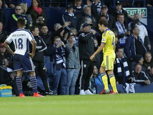 Saido Berahino and Tony Pulis during a famous victory over Chelsea in which the striker scored a brace