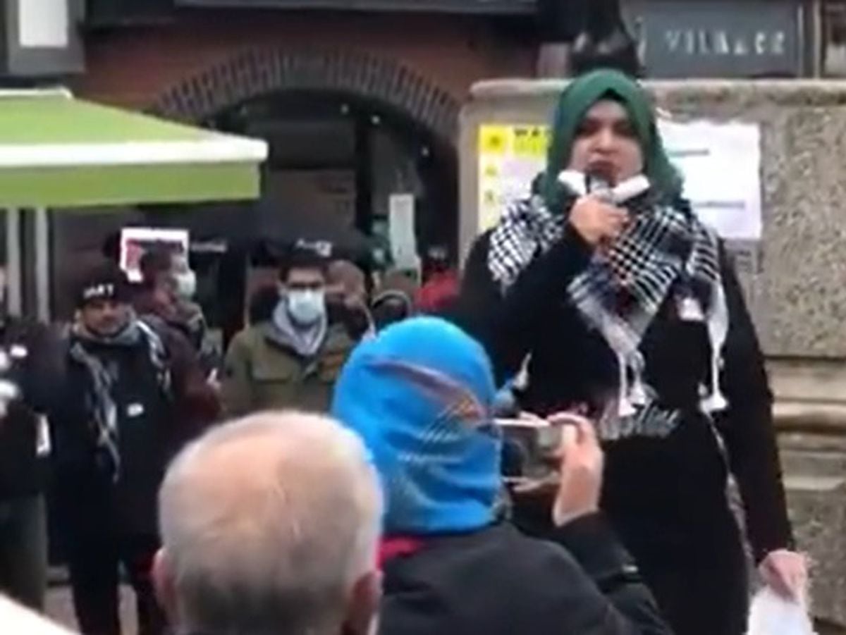 Councillor Ahmed speaking at the rally in Wolverhampton city centre on May 15