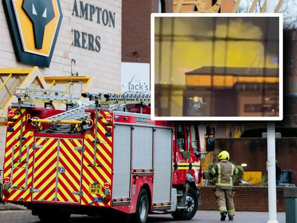Firefighters outside Molineux after a blaze in the Billy Wright stand. Inset photo: Kyle Hughes