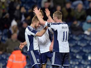James Morrison of West Bromwich Albion celebrates after scoring his goal with Chris Brunt of West Bromwich Albion.