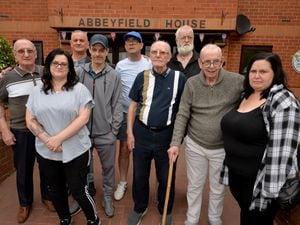 Residents of Abbeyfield House, Wednesfield, which is one of the care homes to potentially close as Abbeyfield attempts to save money. Pictured, residents and family outside, left, Alan Jones, Leah Lacy, Paul Lacy, Andy Webb, Christopher Hand, John Lacy Jim Morley, Tony Talbot and Stacey Plant