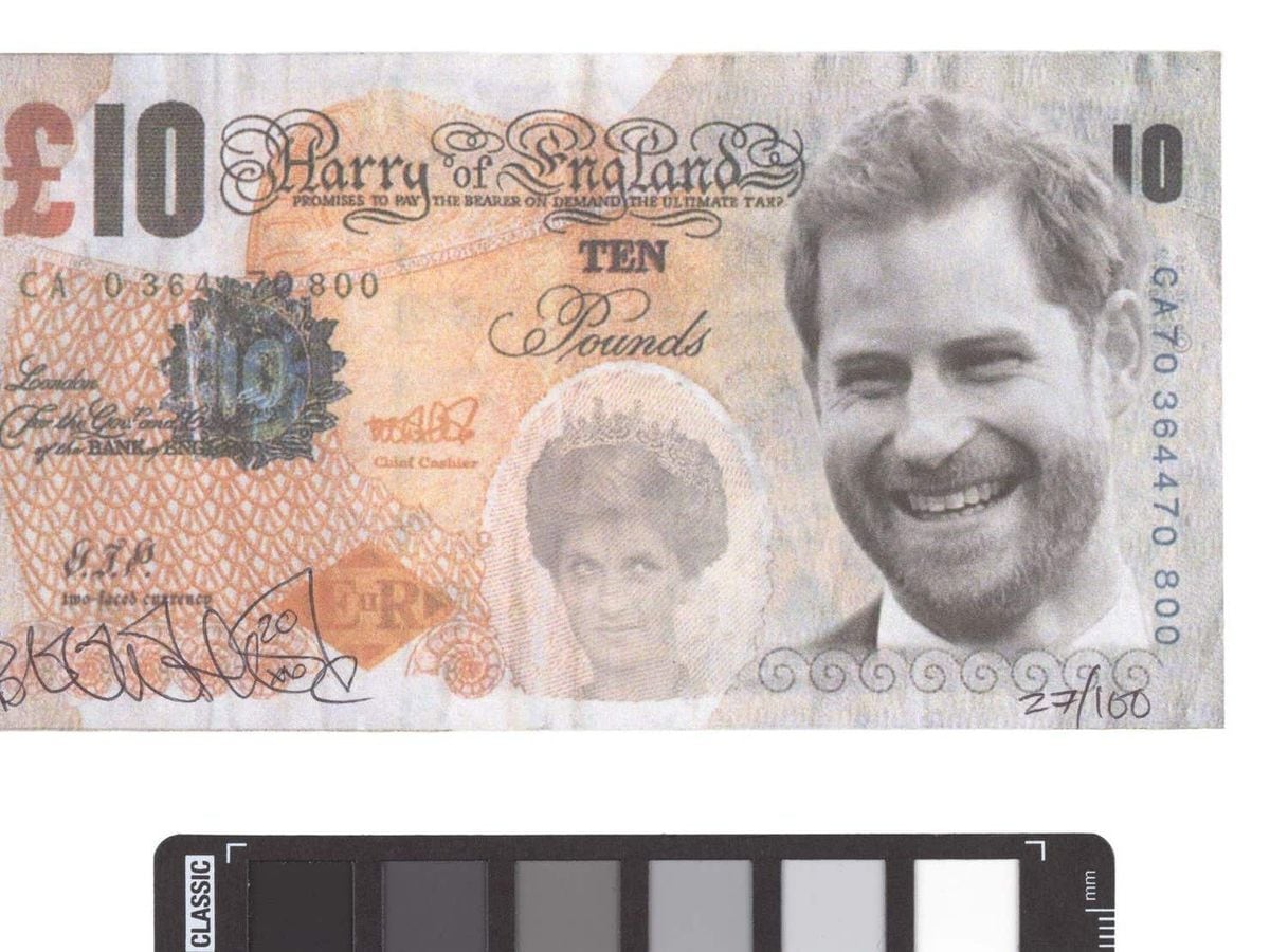 A 'defaced' banknote featuring the Duke of Sussex (University of Cambridge/PA)