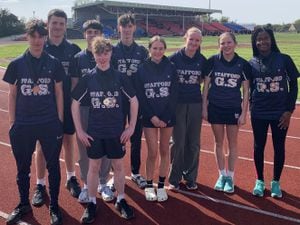 Competing for medals at the Independent Schools’ Association regional championships were Stafford Grammar athletes (from left) Luca Keeble, Tom Fullagar, Jack Dimmock, Ethan Mercer, Ruby Twigg, Philippa Steele, Olivia Lamplough, Akilah Simms.