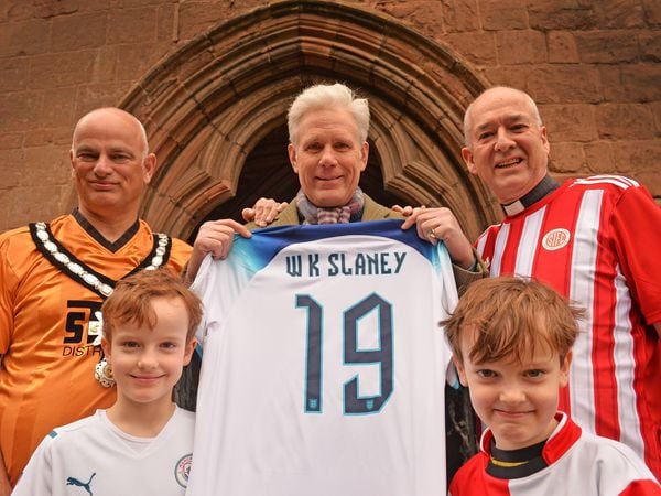 Kenyon-Slaneys, descendants of the first England football goalscorer, Shifnal. Pictured left, mayor Roger Cox,Bertie,Rupert and Caspian Kenyon-Slaney and Rev Chris Thorpe..