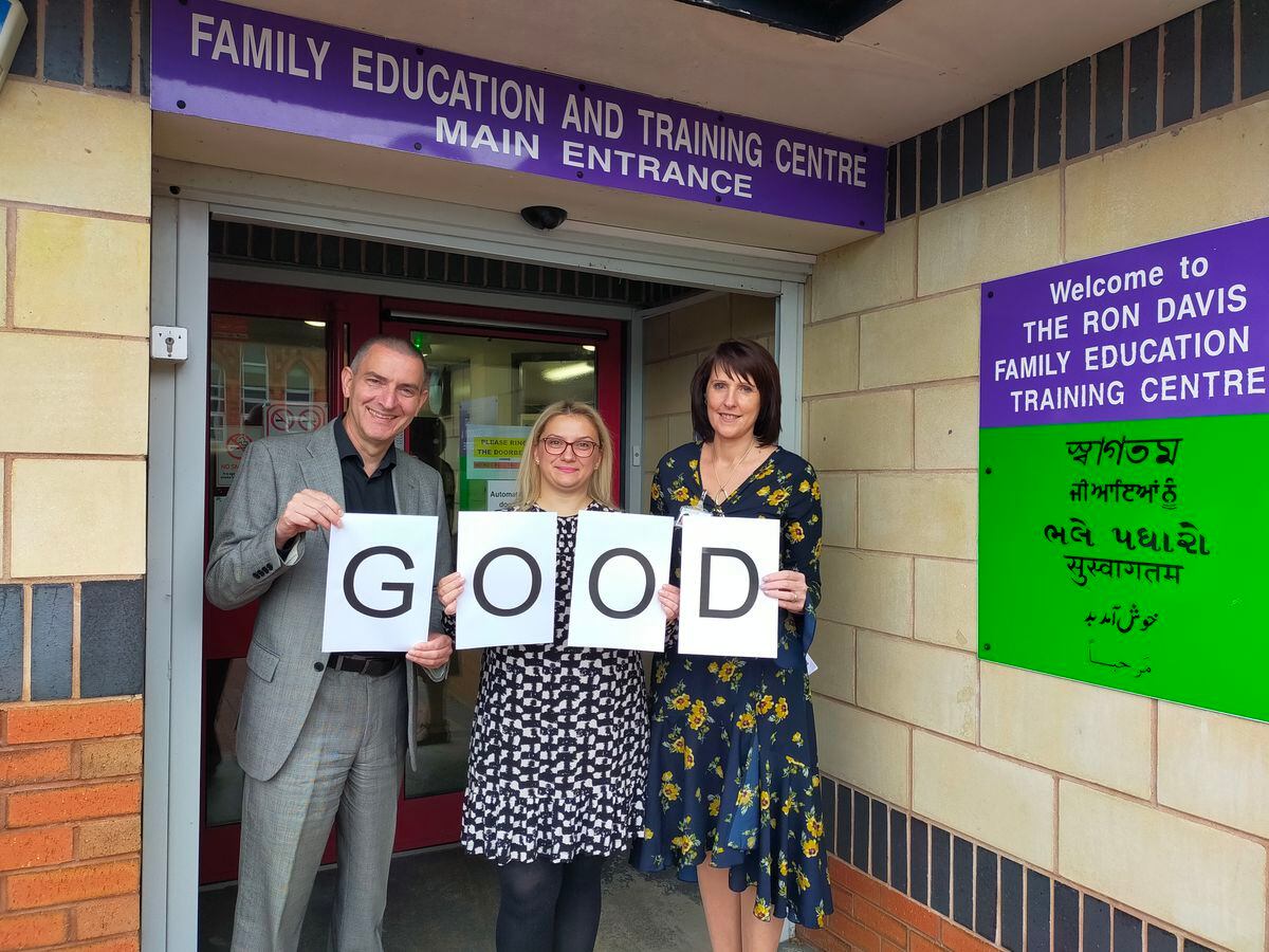Celebrating SAFL's 'Good' Ofsted rating, Councillor Simon Hackett, SAFL learner Claudia-Ana Nechifor and SAFL's Lisa Espinosa at the Ron Davis Centre, Smethwick