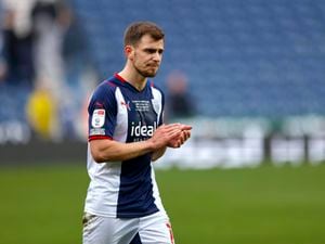 Jayson Molumby of West Bromwich Albion applauds the supporters following  the Sky Bet Championship match between West Bromwich Albion and Stoke City at The Hawthorns on April 9, 2022 in West Bromwich, England. (Photo by Malcolm Couzens - WBA/West Bromwich Albion FC via Getty Images).